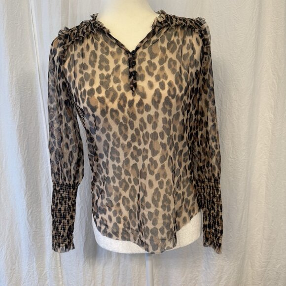 Women's Cheetah Leopard Print Long Sleeve Sheer Blouse XS Office Workwear - Picture 1 of 13
